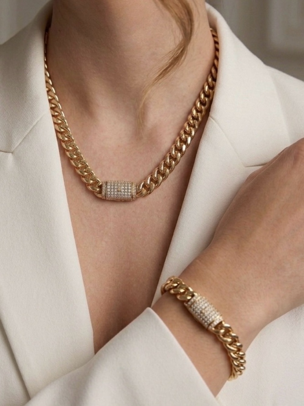 14K Gold Plated Cuban Link Necklace & Bracelet Set with CZ Pavé Box Toggle Clasp - Picture 1 of 11